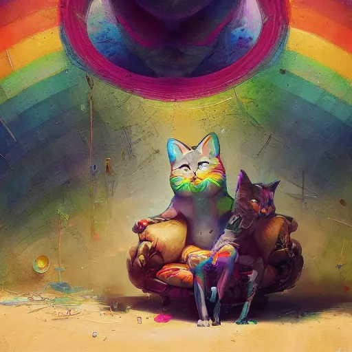 Image similar to The Rainbow cat enthroned , hyperrealism, no blur, 4k resolution, ultra detailed, style of Peter Mohrbacher, James Gurney, Ismail Inceoglu