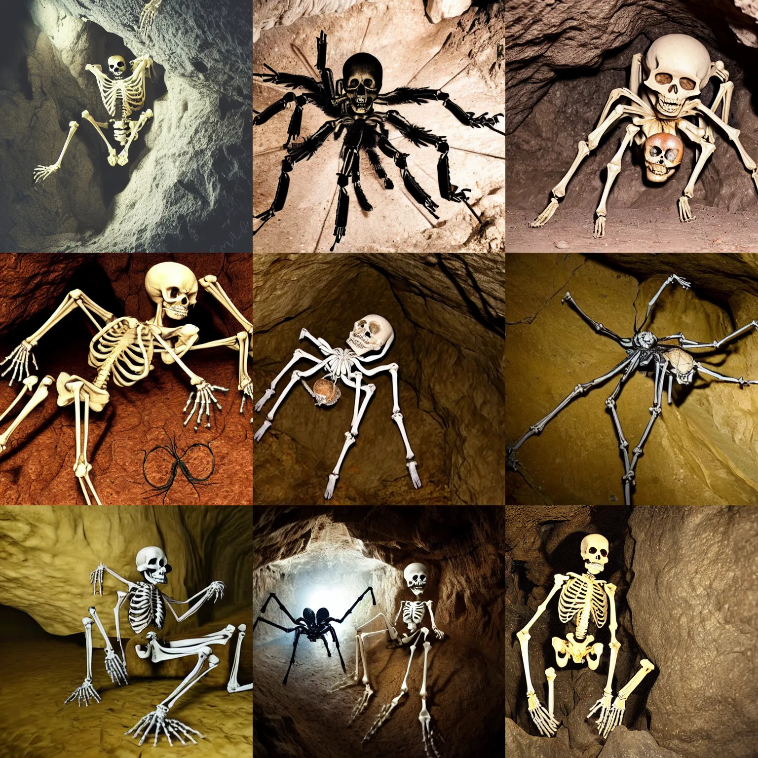 Prompt: a human skeleton mounting a giant spider inside of a cave