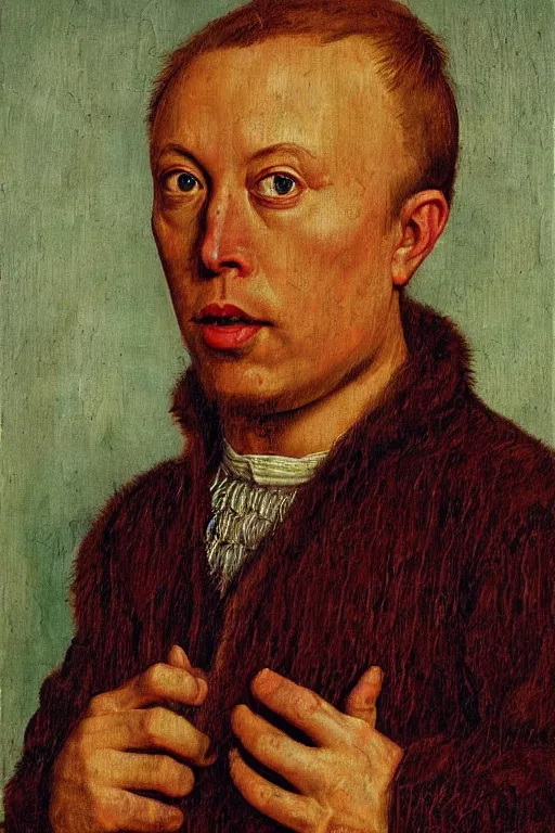 Image similar to portrait of elon musk, oil painting by jan van eyck, northern renaissance art, oil on canvas, wet - on - wet technique, realistic, expressive emotions, intricate textures, illusionistic detail