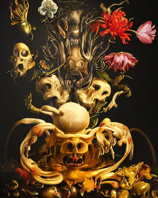 Image similar to refined gorgeous blended oil painting with black background by christian rex van minnen rachel ruysch dali todd schorr of a chiaroscuro portrait of an extremely bizarre disturbing mutated man made of still life flowers and rubber insects with shiny skin acne dutch golden age vanitas intense chiaroscuro cast shadows obscuring features dramatic lighting perfect symmetry perfect composition masterpiece