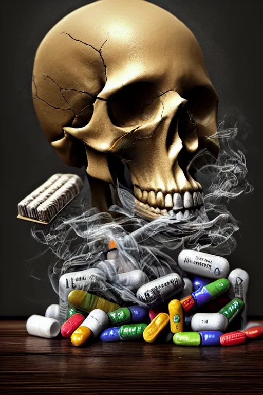 Image similar to pile Off pills, drugs, cigarrette boxes and a skull on a wooden table, skull made out of smoke coming out of pills, fantasy, intricate, elegant, highly detailed, digital painting, artstation, concept art, addiction, chains, smooth, sharp focus, illustration, art by Ilja Repin