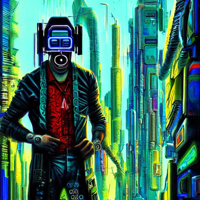 Prompt: a beautiful painting cyberpunk jibaro, by alberto mielgo movie art