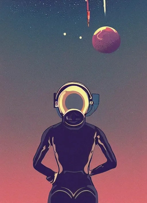 Prompt: retro female astronaut!!!!, back view, walking out of a cave future city!! faded, artistic!!! composition, looking to the horizon holding a mechanical wand!! duo tone retro poster by tomer hanuka!!,