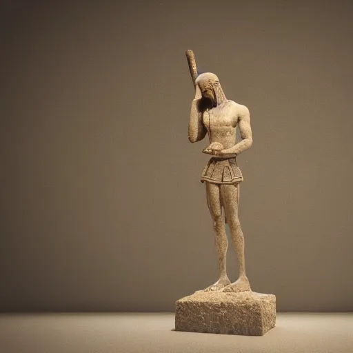 Image similar to Ancient statue of Thoth, the Ibis-headed god, marking down deeds on a papyrus with a reed, standing on a plinth , octane render, studio lighting