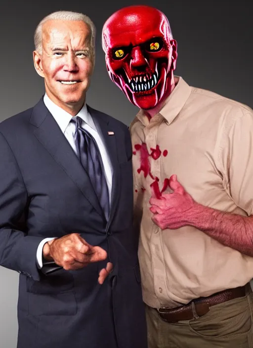 Image similar to hyper realistic terror photo Doom horror furious glowing red eyes biden