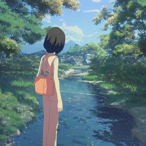 Image similar to by makoto shinkai peach, 1 9 7 0 s precise. the mixed mediart is of a small village with a river running through it. in the distance, there are mountains. the sky is clear & the sun is shining.
