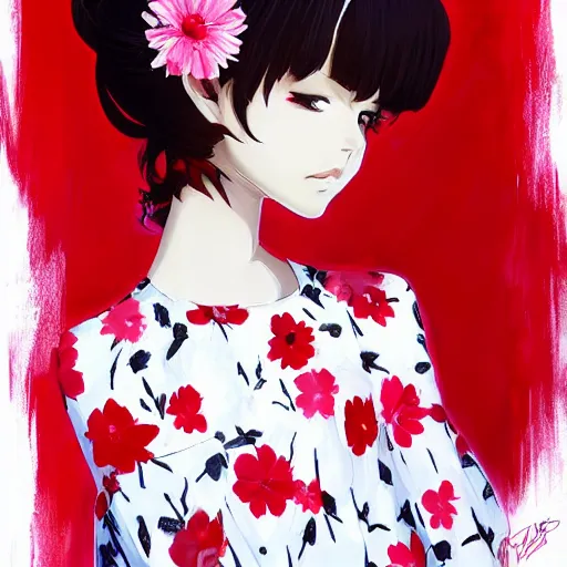 Image similar to little girl with flowers in hair wearing an white dress. black, red, white and pink color palette. art by ilya kuvshinov, profile picture, inspired in hirohiko araki, realistic, highly detailed, 8 0 s anime art style