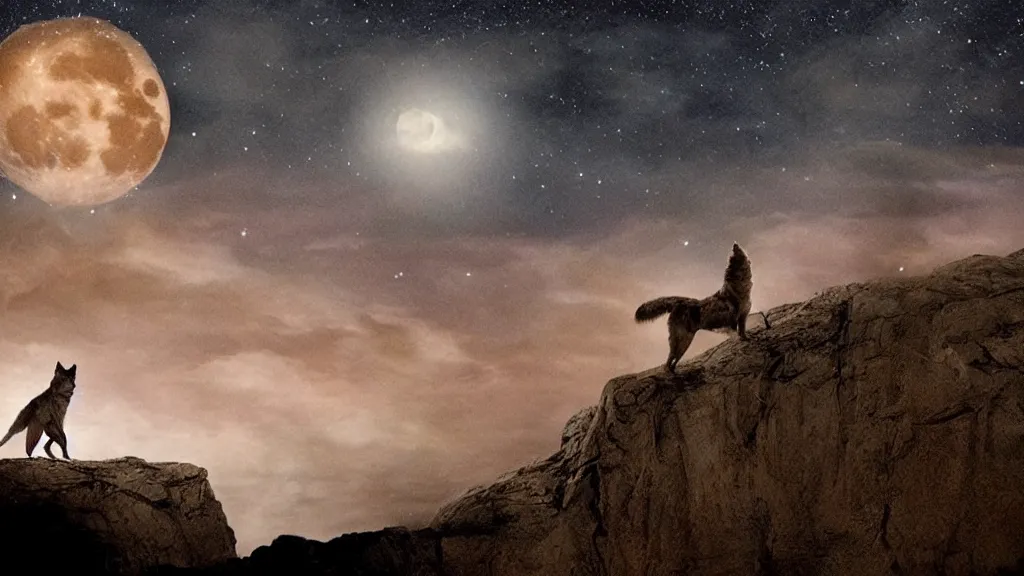 Prompt: Beautiful cinematography of a close up highly detailed David Bowie riding a wolf at night, while on top of a large cliff with the full moon in the background