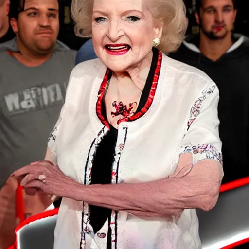 Prompt: betty white as wwe champion standing in a wrestling ring