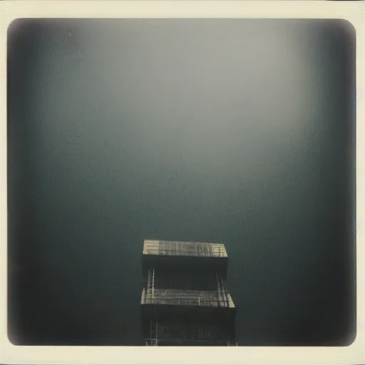 Prompt: picture looking up from the bottom of a massive concrete structure, the top is obscured by fog, polaroid, old polaroid, expired film, megalophobia,