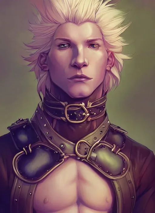 Image similar to aesthetic portrait commission of a of a male fully furry muscular anthro albino lion wearing attractive gay leather harness with a tail and a beautiful attractive hyperdetailed face at golden hour, safe for work (SFW). Character design by charlie bowater, ross tran, artgerm, and makoto shinkai, detailed, inked, western comic book art, 2021 award winning film poster painting