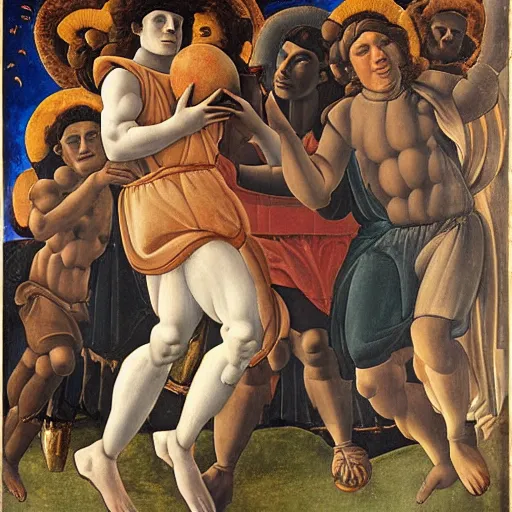 Image similar to painting of pele and maradona in heaven with a football ball, very detailled, by botticelli