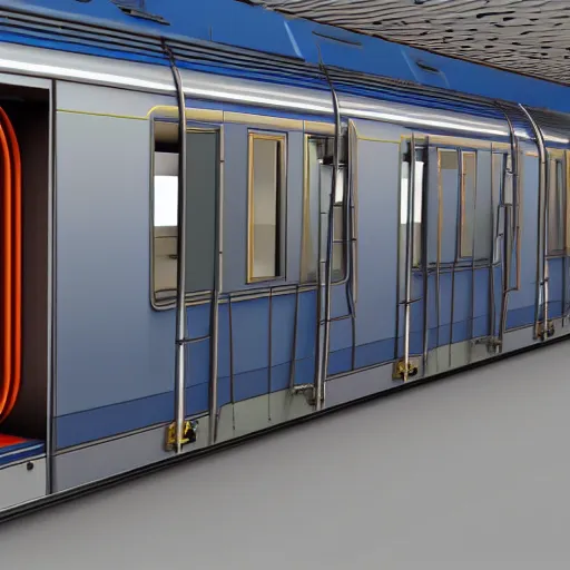 Prompt: interior train gangway section with emergency valves cabinets, 3 d render metal palettes