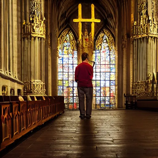 Image similar to man in large throne room of grand cathedral, sitting alone with sword, shadows, fantasy, wallpaper