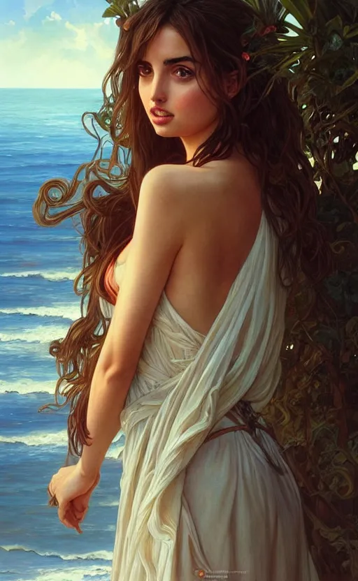 Image similar to a beautiful ana de armas wearing a sundress on the beach, d & d, fantasy, intricate, elegant, highly detailed, digital painting, artstation, concept art, matte, sharp focus, illustration, art by artgerm and greg rutkowski and alphonse mucha