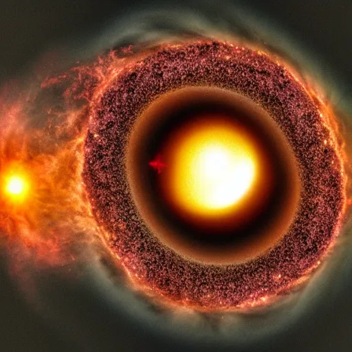 Prompt: A 30000mm photo of a star crumbling as it\'s being devoured by a black hole. The star turns into dust and circulating the event horizon before being sucked in.