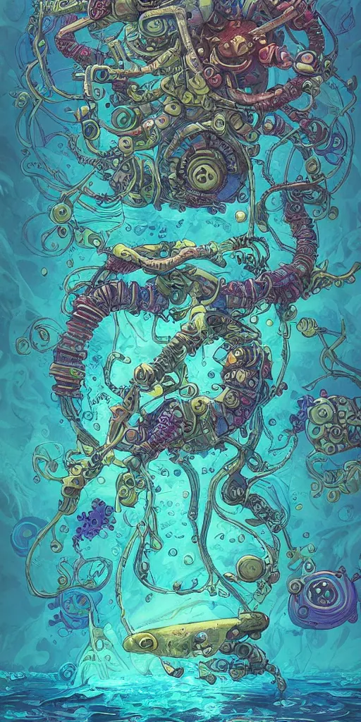 Image similar to a picture of mysterious colourful underwater sea life, being discovered by a man in a steampunk diving suit. water is deep aquamarine coloured. poster art by james jean, concept art, behance contest winner, very detailed, award - winning. lovecraftian, cosmic horror, bioluminescence.