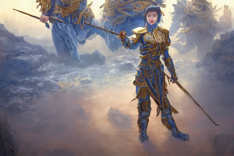 Prompt: portrait knights of Zodiac girl, Chinese Blue and white porcelain reflected armor, kung fu fighting in ruined Agora of Athens sunrise, ssci-fi, fantasy, intricate, very very beautiful, elegant, golden light, highly detailed, digital painting, artstation, concept art, smooth, sharp focus, illustration, art by tian zi and WLOP and alphonse mucha