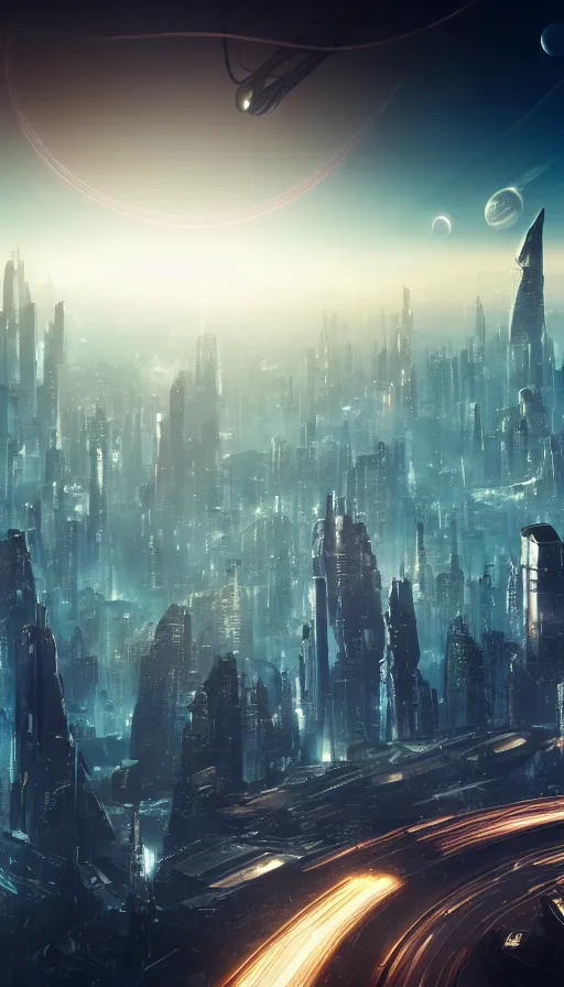 Prompt: an otherworldly futuristic Blade Runner cityscape with the planet Saturn in the background, ultra realistic, 8K