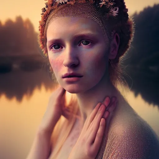 Prompt: photographic portrait of a stunningly beautiful english renaissance female covered in organic fractals, in soft dreamy light at sunset, beside the river, soft focus, contemporary fashion shoot, hasselblad nikon, in a denis villeneuve movie, by edward robert hughes, annie leibovitz and steve mccurry, david lazar, jimmy nelsson, hyperrealistic, perfect face