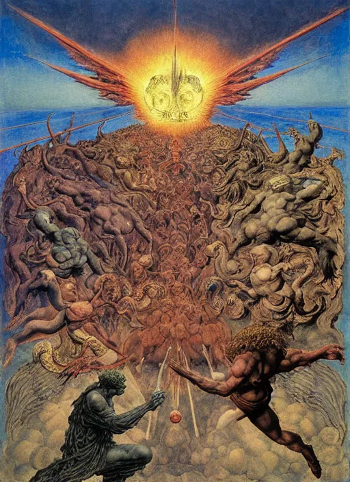 Prompt: battle between good and evil , battle between angels and demons, psx game graphics , painting by Beksinski and Moebius and Takato Yamamoto, by William Blake, Austin Osman Spare, high resolution, ultra detailed