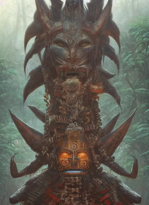 Image similar to a totem in the jungle surrounded by mist, swith faces of ancestors in the mask wearing tribal masks, hyper detailed, art by christophe vacher