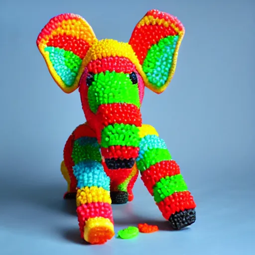 Prompt: Elephant made out of fruity pebble treats. Colorful skin, neon glow