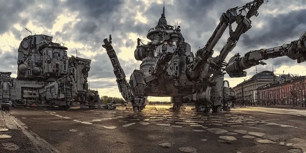 Prompt: artillery Mech in helsinki finland, cinematic composition, shot on film, hyper realistic, 4k resolution