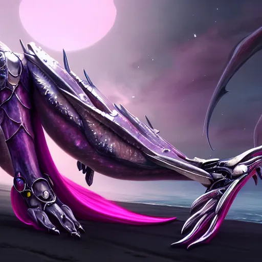 Image similar to very close up foot shot, detailed foot shot, hyperdetailed elegant beautiful stunning hot anthropomorphic mecha female dragon showing detailed sharp dragon claws close to camera, laying on beach, soft pads, sharp silver armor, fuchsia skin, feet art, warframe destiny fanart, giantess art, dragon paws, furaffinity, deviantart, octane, ekasportal