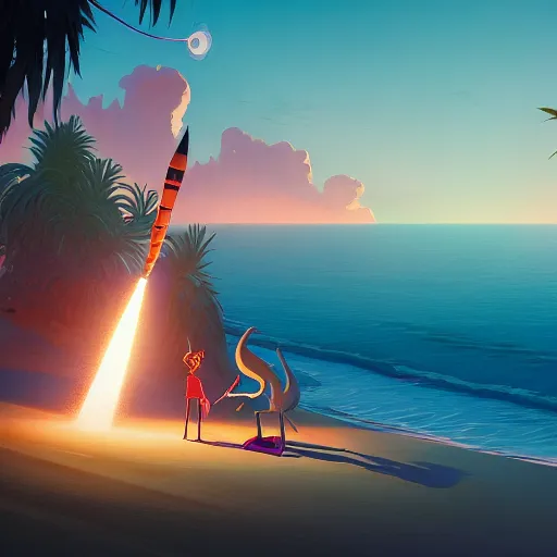 Prompt: phineas and ferb building a giant rocket ship, derek zabrocki, greg rutkowski, belsinski, beach, trending on artstation, mediterranean, palm trees, sharp focus, colorful refracted sparkles and lines, soft light