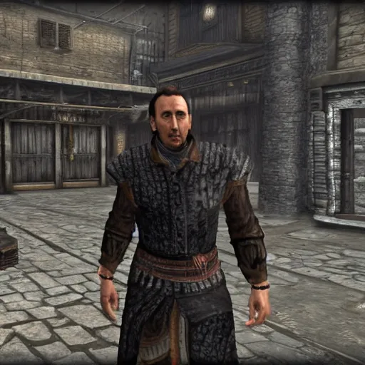 Image similar to screenshot of nicolas cage in the market district of imperial city, from elder scrolls