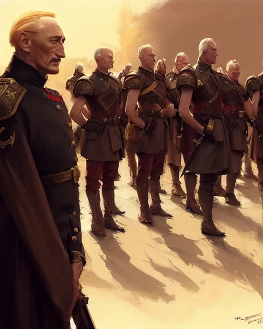 Image similar to tywin lannister discusses war strategy with his generals | | realistic shaded, fine details, realistic shaded lighting painting by greg rutkowski, diego gisbert llorens, magali villeneuve, artgerm, jeremy lipkin, michael garmash, rob rey