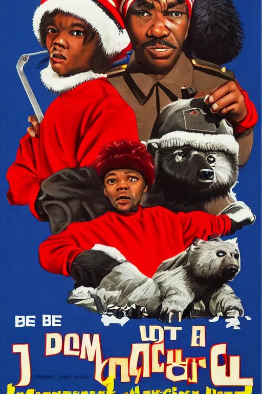 Image similar to poster the movie 1 9 8 8 ussr don't be a menace to south central while drinking your juice in the hood, perfect symmetrical eye, gray fur hat soviet soviet russian winter fur cap with earflaps ushanka, bottle of vodka, bears, kremlin babushka communist criminal