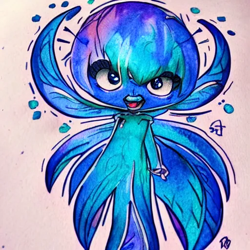 Image similar to tattoo design of a cute blue will of the wisp character. watercolor