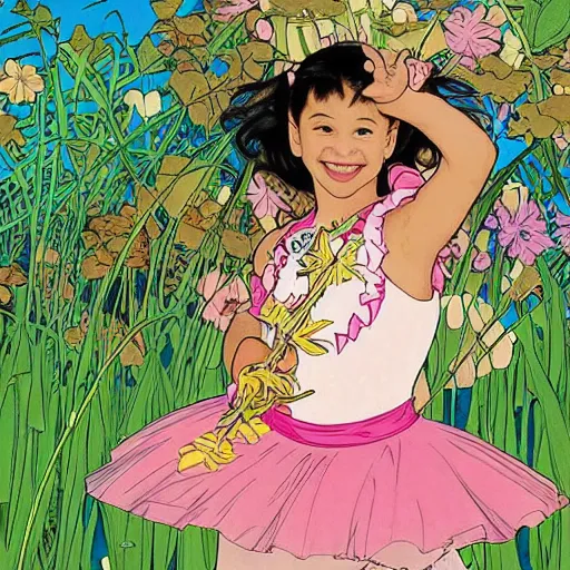 Prompt: a mixed race hapa five - year - old girl, dressed as a ballerina, performing at the washington dc botanical gardens, smiling into the camera, portrait, wide shot, midday light, bright colors, illustration, pop art, splash painting, art by geof darrow, ashley wood, alphonse mucha