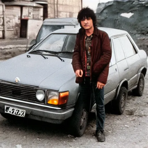 Prompt: Viktor Tsoi from Kino driving a Lada