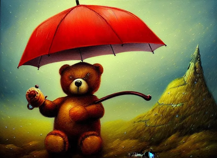 Prompt: detailed oil painting of teddy bear with umbrella by marc simonette and alexander jansson, stormy weather, concept art