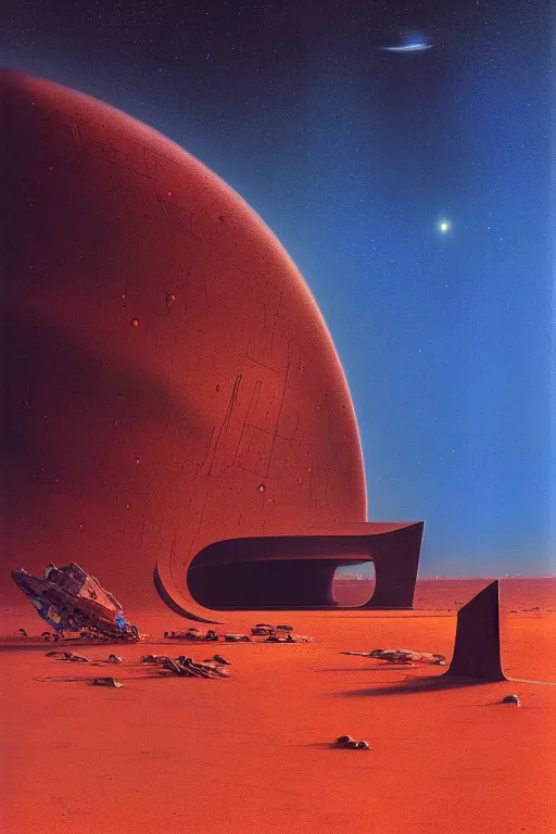 Image similar to emissary space by arthur haas and bruce pennington and john schoenherr, cinematic matte painting, zaha hadid building, photo realism, dark color palate, blue hour stars, desolate desert landscape,