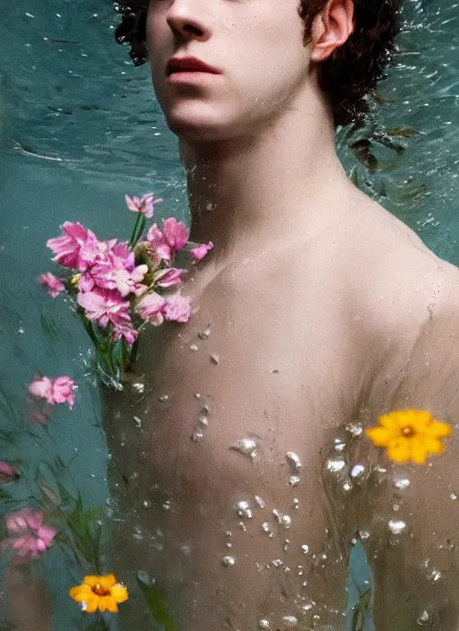 Image similar to Kodak Portra 400, 8K,ARTSTATION, Caroline Gariba, soft light, volumetric lighting, highly detailed, britt marling style 3/4 , extreme Close-up portrait photography of a Dorian Electra hiding in flowers how pre-Raphaelites with his eyes closed,inspired by Ophelia paint, his face is under water Pamukkale, face above water in soapy bath tub, hair are intricate with highly detailed realistic , Realistic, Refined, Highly Detailed, interstellar outdoor soft pastel lighting colors scheme, outdoor fine photography, Hyper realistic, photo realistic