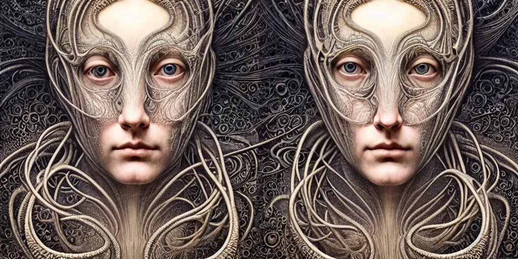 Image similar to detailed realistic beautiful cyborg face portrait by jean delville, gustave dore, iris van herpen and marco mazzoni, art forms of nature by ernst haeckel, art nouveau, symbolist, visionary, gothic, neo - gothic, pre - raphaelite, fractal lace, intricate alien botanicals, ai biodiversity, surreality, hyperdetailed ultrasharp octane render