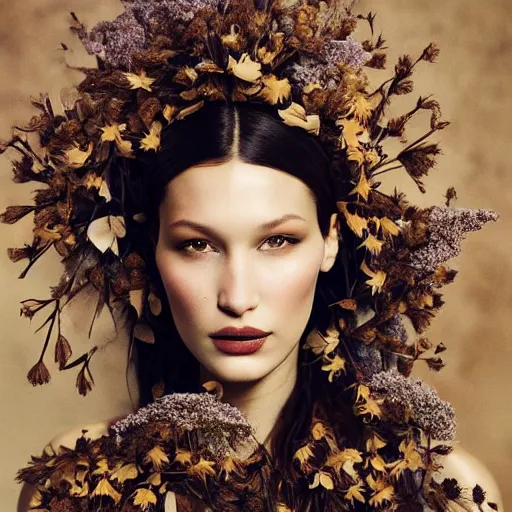 Prompt: fine art photo of bella hadid, she has a crown of dried flowers, by oleg oprisco