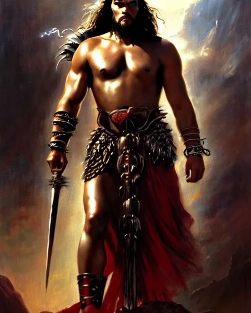 Image similar to beautiful portrait oil painting, jason momoa conan the barbarian standing in a dungeon wearing a crown and royal crimson spartan armor enthroned as the god emperor of ancient rome, action pose, frank frazetta, boris vallejo, greg rutkowski, beautiful cinematic light, american romanticism, by thomas lawrence, greg rutkowski