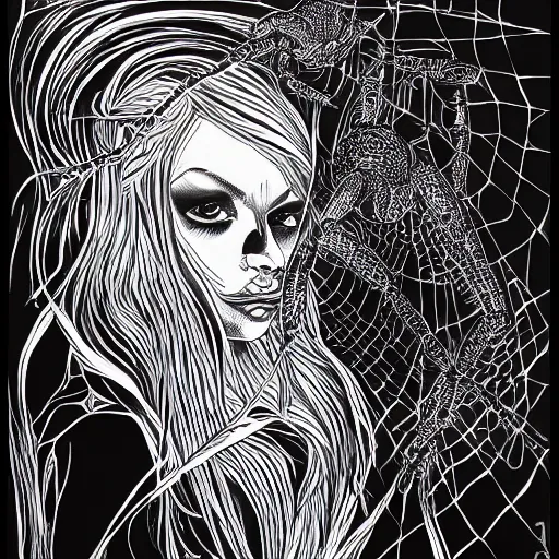 Prompt: woman who is also a horrible black spider, detailed ink art, 4k