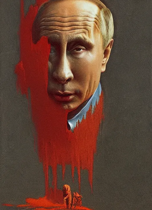 Image similar to Painting in a style of Beksinski featuring Vladimir Putin. Suffering and pain