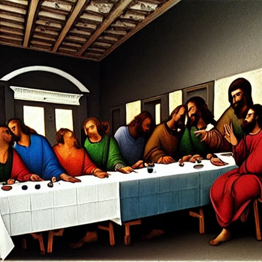 Prompt: on the wall of a gray building, a colorful spray-painted graffiti of The Last Supper by Da Vinci