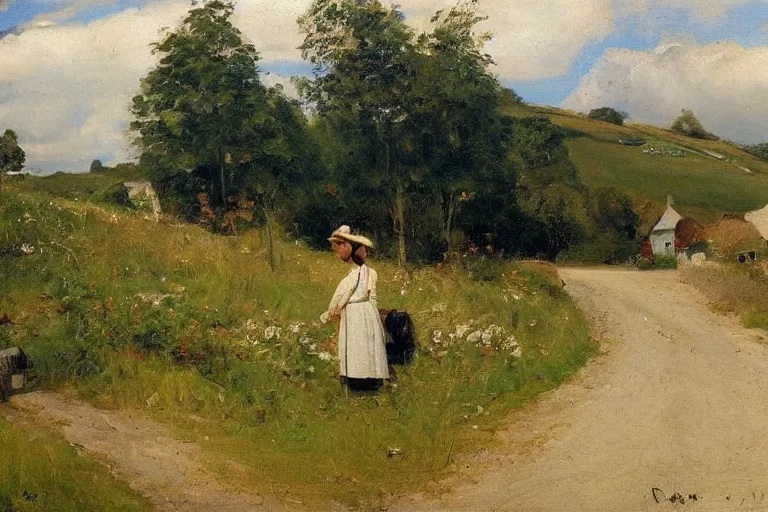 Image similar to P.S. Krøyer painting of idyllic danish rural landscape