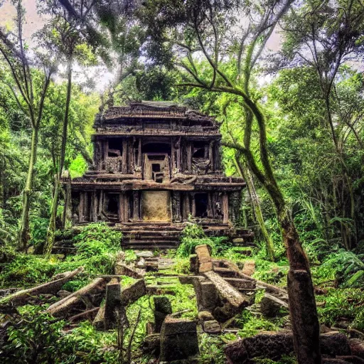 Prompt: a beautiful image of a temple in ruins in the middle of a jungle - i