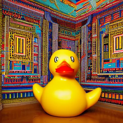 Prompt: wide shot, one! photorealistic rubber duck in foreground on a pedestal in an cavernous museum, the walls are covered floor to ceiling with colorful geometric wall paintings in the style of sol lewitt, tall arched stone doorways, through the doorways are more mural paintings in the style of sol lewitt.