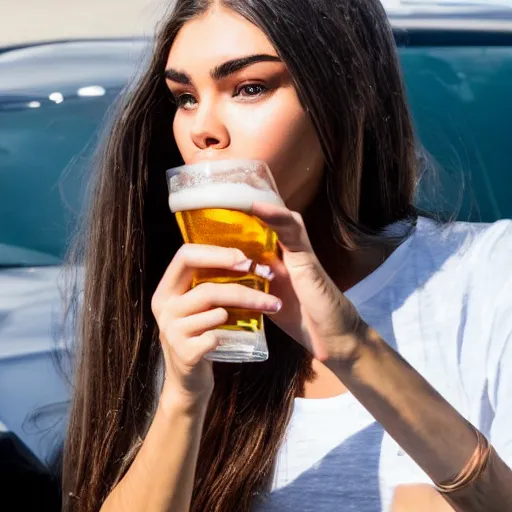 Image similar to 4k,ultra detailed portrait of Madison Beer drinking beer at the parking lot by Rachel Ruysch