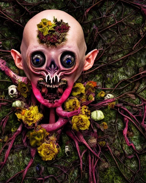 Image similar to a extremely disturbing horror photograph of a creature made out of rotten flowers and nature and fungus, intricate intertwining, hyperrealism, sharp focus, cinematography, highly detailed, octane render, horror cgi 4 k, matte, photograph by professional photographer